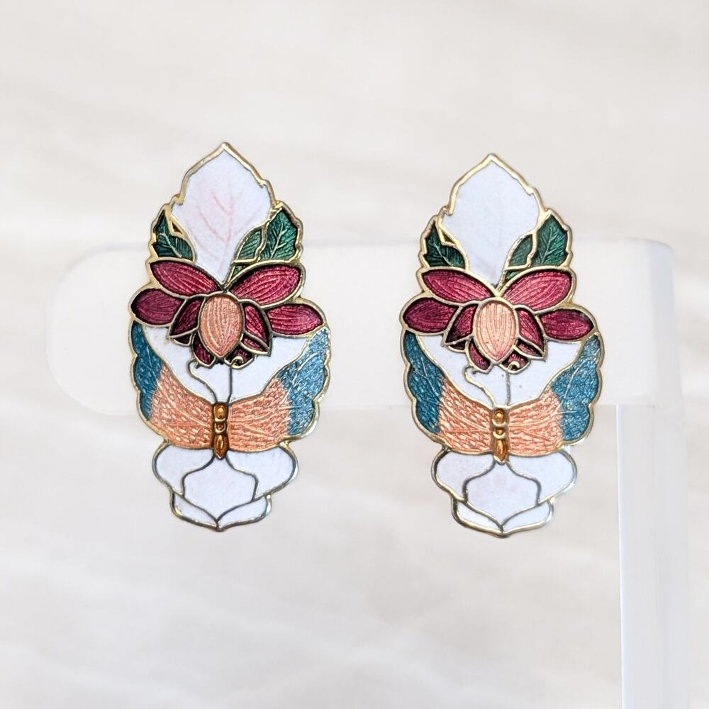 Vintage Clip On Earrings Cloisonné Flower Floral Statement